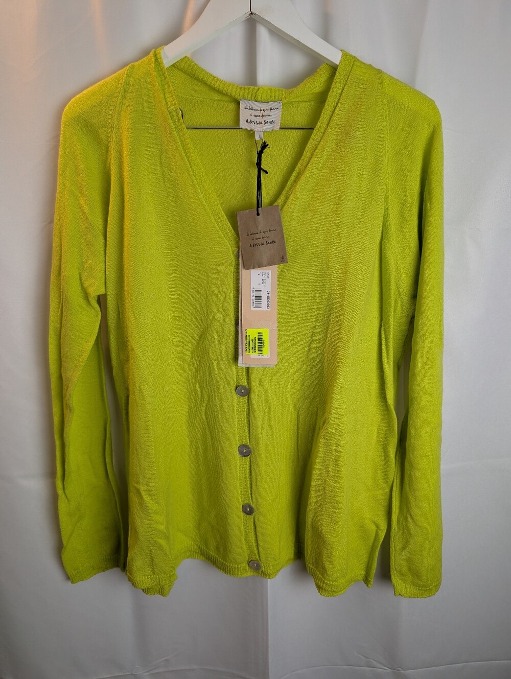 ALESSIA SANTI Lime Green Cotton Wool Knit Cardigan V-Neck Button Sweater size M
